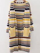 Shein Yellow Striped Drop Shoulder Pocket Long Cardigan