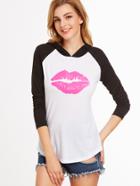 Shein Contrast Raglan Sleeve Hooded Lip Print Curved Hem T-shirt