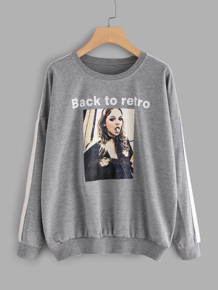Shein Woven Tape Side Heathered Graphic Pullover