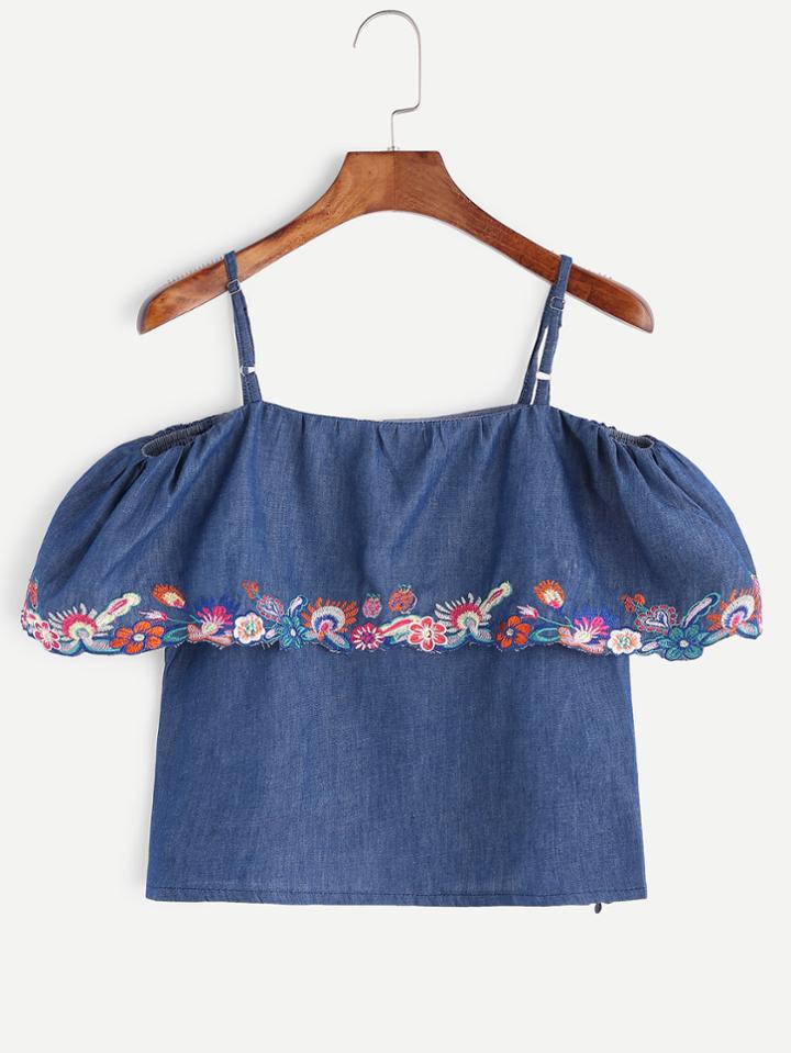 Shein Dark Blue Cold Shoulder Embroidered Denim Top