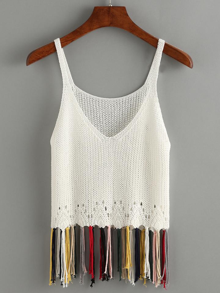 Shein White Spaghetti Strap Fringe Tank Top