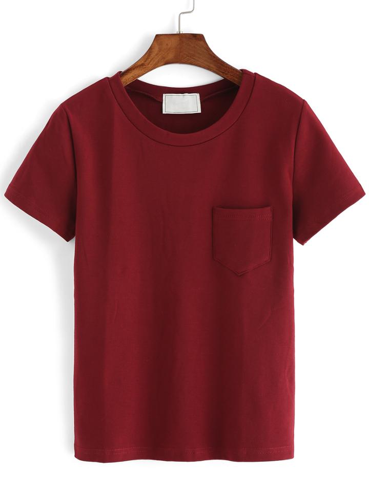 Shein Crew Neck Pocket Burgundy T-shirt