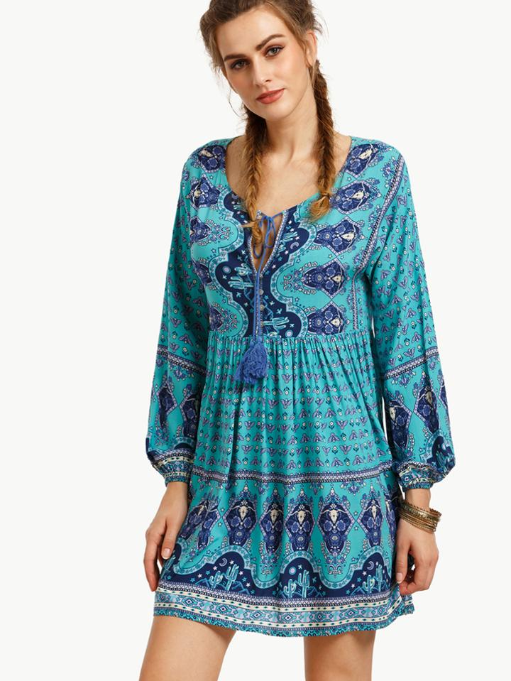 Shein Tribal Print Tassel Tie Long Sleeve Dress