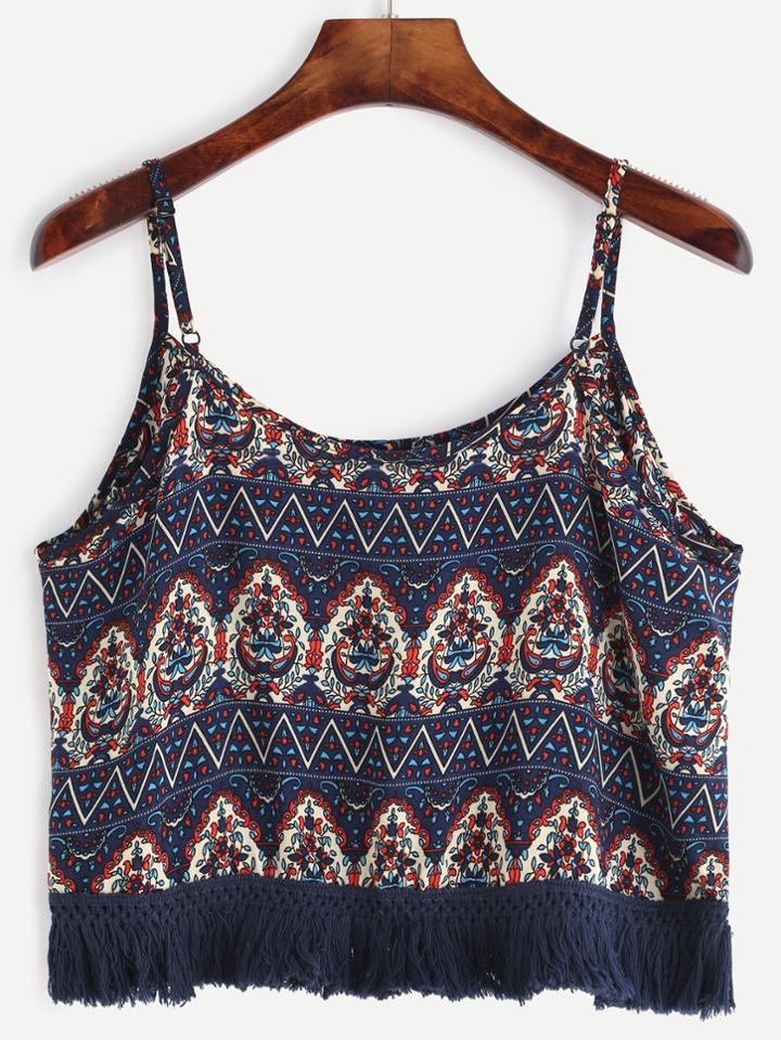 Shein Navy Ornate Print Knotted Fringe Trim Cami Top