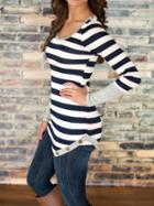 Shein Black White Striped Asymmetrical Slim T-shirt