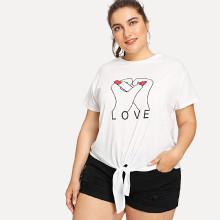 Shein Plus Hand Gesture & Letter Print Knot Hem Tee