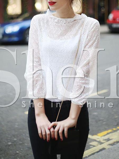 Shein White Ruffle Crew Neck Embellished Blouse