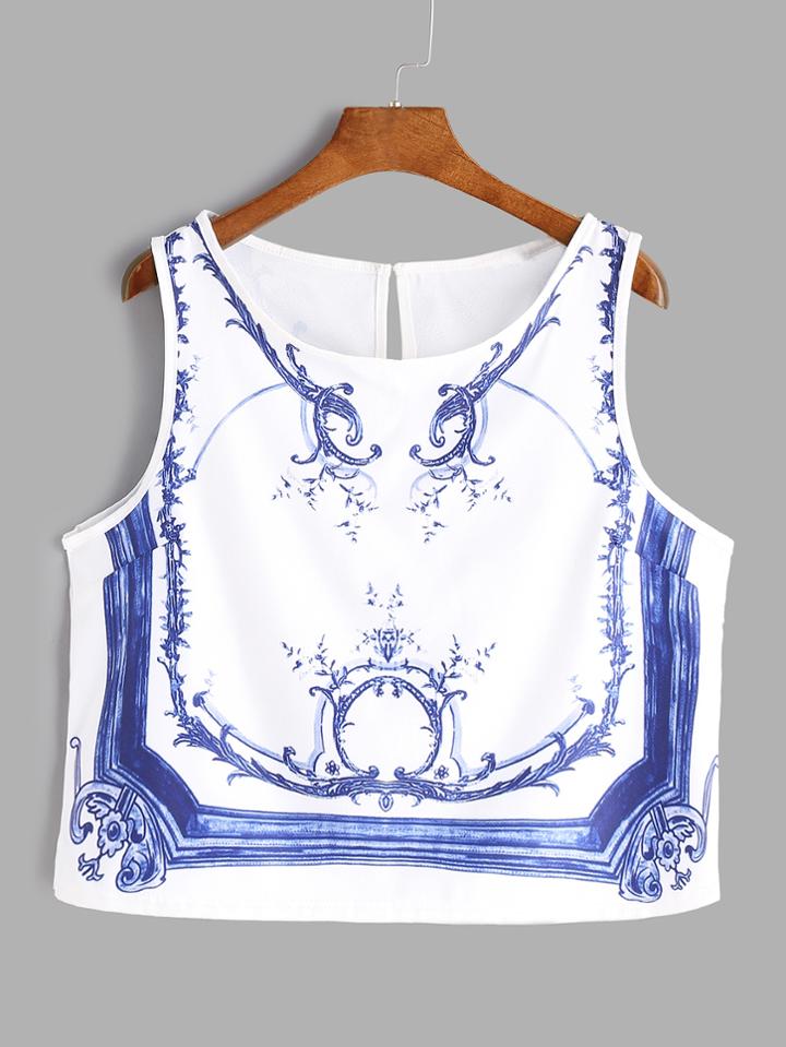 Shein White Vintage Print Keyhole Back Tank Top