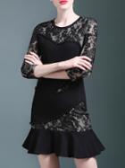 Shein Black Contrast Lace Beading Frill Dress