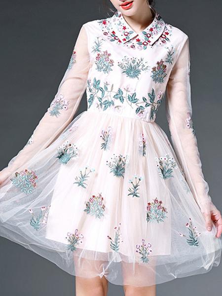 Shein Apricot Sheer Sleeve Gauze Embroidered A-line Dress
