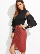 Shein Black Contrast Mesh Sleeve Ruffle Tiered Trim Sweater