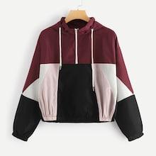 Shein Colorblock Drawstring Drop Shoulder Hooded Jacket