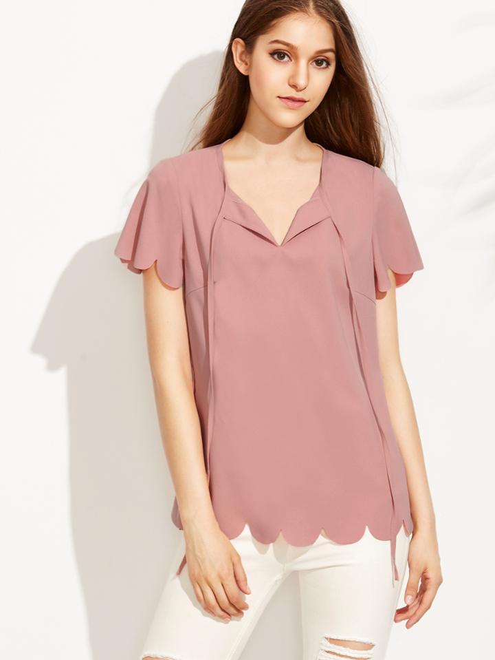 Shein Pink Short Sleeve Scallop Hem Blouse