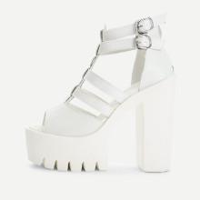 Shein Double Buckle Peep Toe Pu Heeled Sandals
