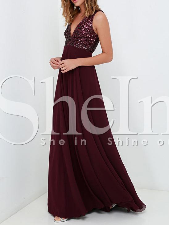 Shein Burgundy Deep V Neck Sequined Maxi Dress