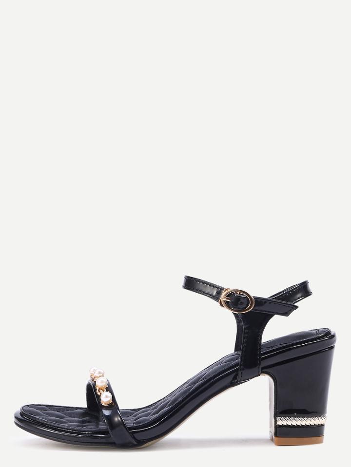 Shein Black Peep Toe Pearl Chain Chunky Sandals