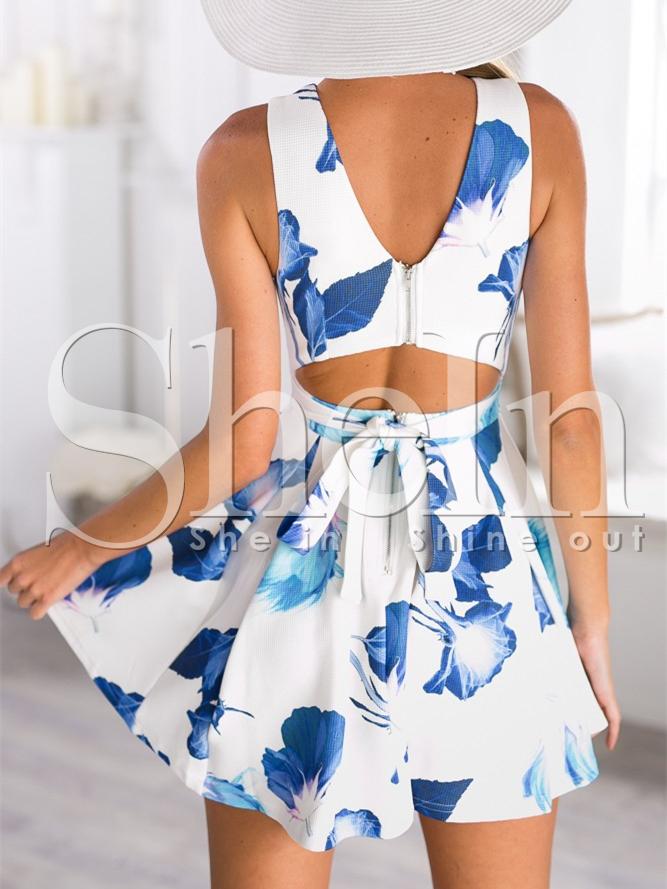 Shein White Sleeveless Cut Out Floral Print Dress