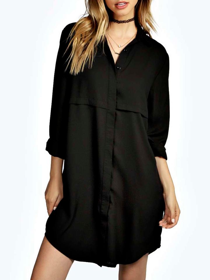 Shein Black Lapel Loose Casual Shirt Dress