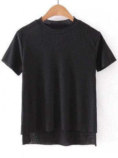 Shein Black Dipped Hem Short Sleeve Rib T-shirt