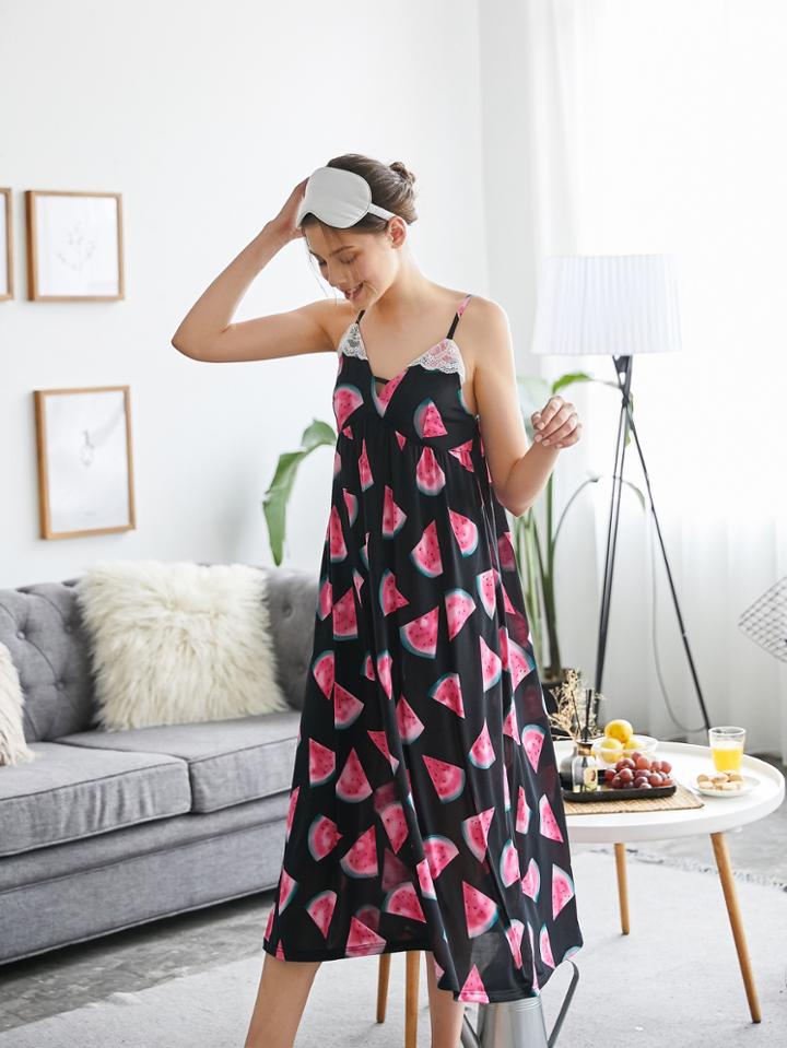 Shein Contrast Lace Trim Watermelon Print Cami Nightdress