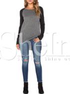 Shein Grey Black Hooded Long Sleeve Color Block T-shirt