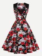 Shein Skull Head Random Print Single Breasted Flare Dress
