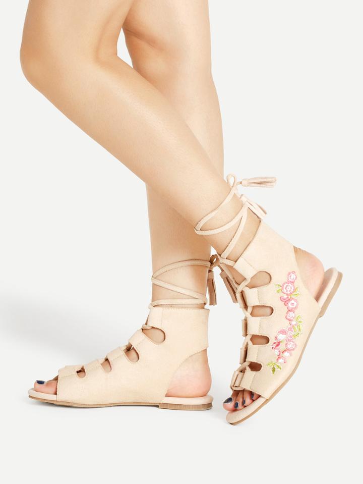 Shein Calico Embroidery Lace Up Flat Sandals With Tassel