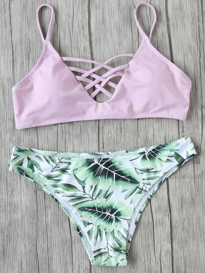 Shein Leaf Print Criss Cross Mix & Match Bikini Set