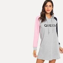 Shein Drawstring Hoodie Letter Print Sweatshirt Dress