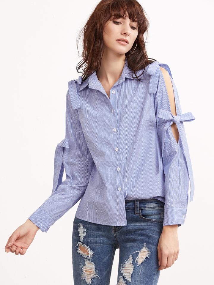 Shein Pinstripe Bow Tie Split Sleeve Blouse