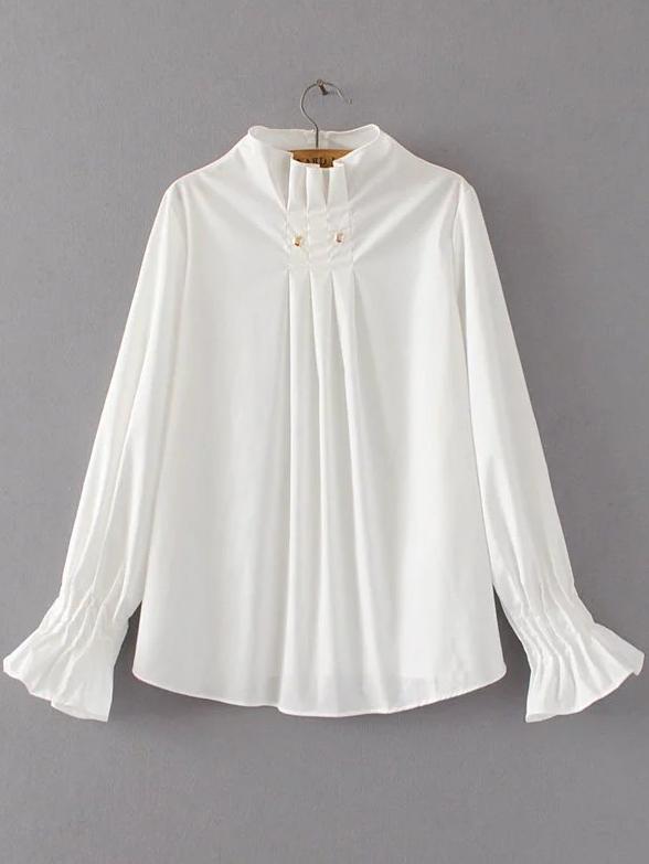 Shein White Pleated Detail Dip Hem Blouse
