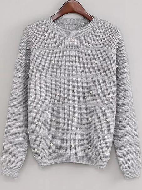 Shein Grey Drop Shoulder Beaded Sweater