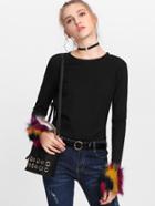 Shein Tie Back Ribbed Tee With Faux Fur Cuff