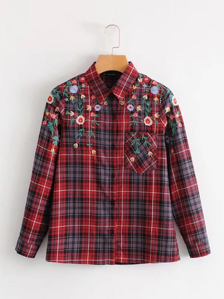 Shein Embroidered Flower Plaid Blouse