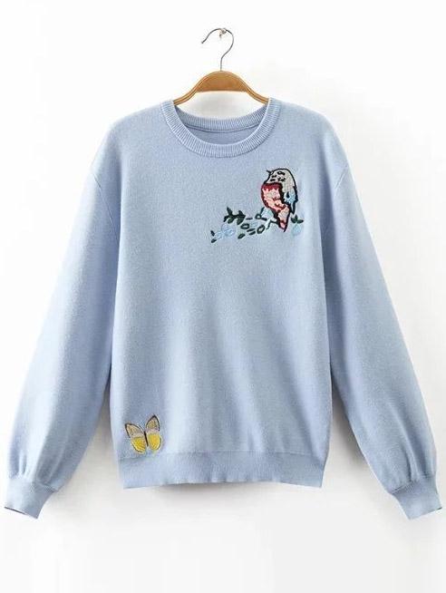 Shein Blue Embroidery Detail Loose Sweater