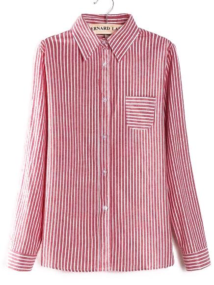 Shein Red Lapel Vertical Stripe Pocket Blouse