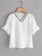 Shein V-neckline Embroidery Tiered Frill Cuff Blouse
