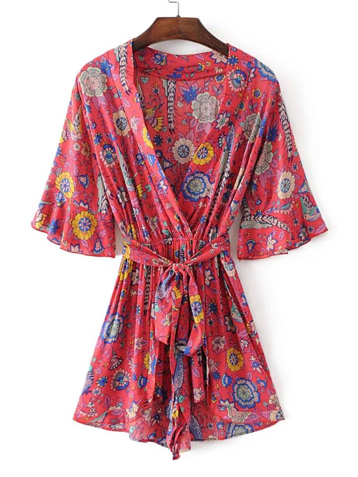 Shein Bell Sleeve Playsuit With Self Tie