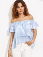 Shein Blue Stripe Off The Shoulder High Low Blouse