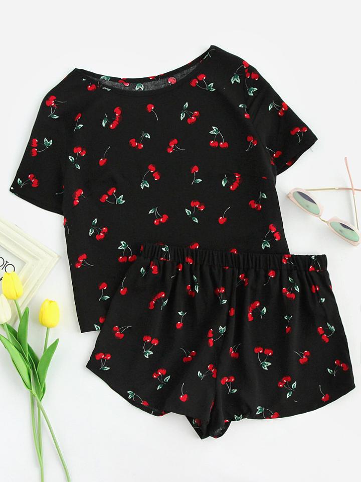 Shein Cherry Print Top And Shorts Pajama Set