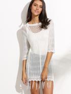 Shein White Hollow Out Knit Fringe Beach Dress