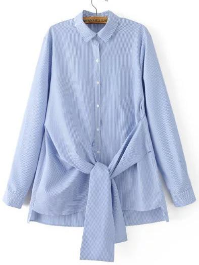 Shein Blue Vertical Striped Embroidery Dip Hem Blouse With Tie