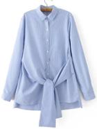 Shein Blue Vertical Striped Embroidery Dip Hem Blouse With Tie