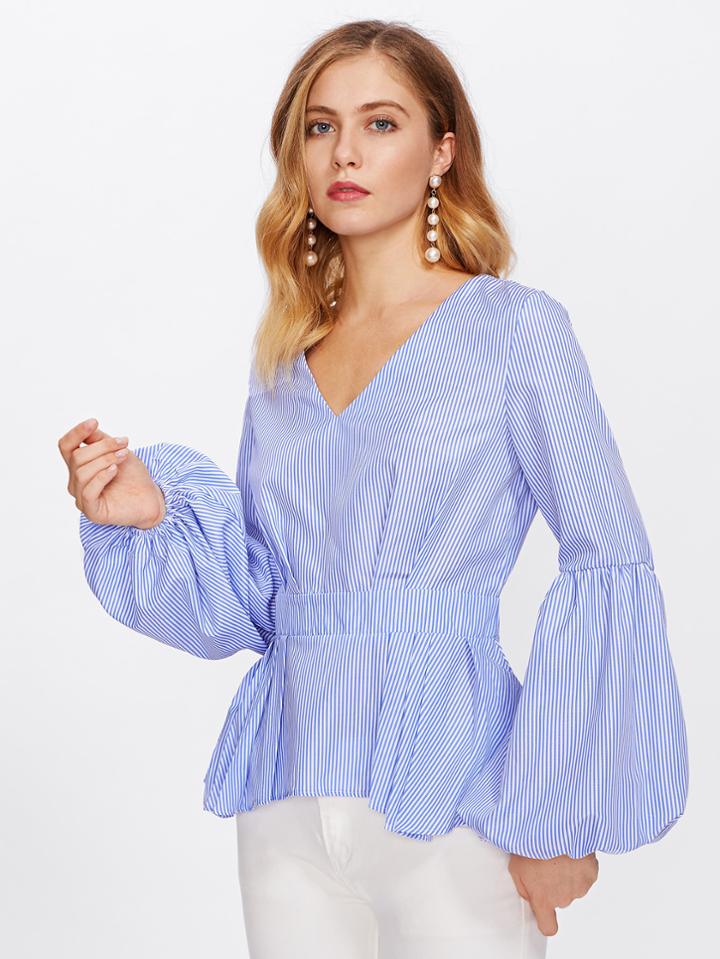 Shein Bishop Sleeve Boxed Pleated Peplum Top