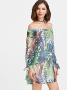 Shein Tropical Print Off Shoulder Tie Sleeve Dress