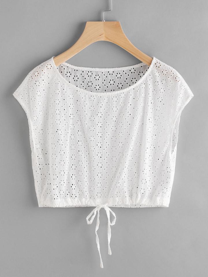 Shein Drawstring Hem Eyelet Embroidered Crop Top