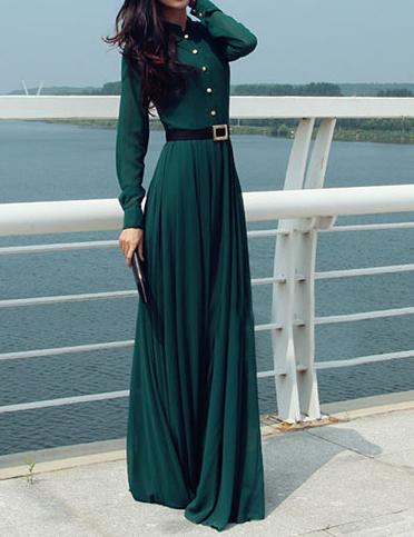 Shein Green Long Sleeve Buttons Maxi Dress