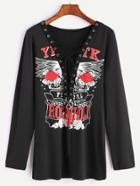 Shein Black Deep V Neck Eyelet Lace Up Printed T-shirt