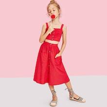 Shein Girls Button Up Crop Top & Pocket Front Skirt Set