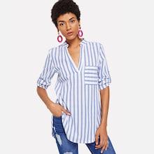 Shein Striped Roll Up Sleeve Dip Hem Blouse